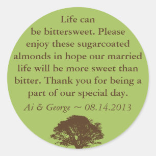 Green brown oak tree wedding quote favour label
