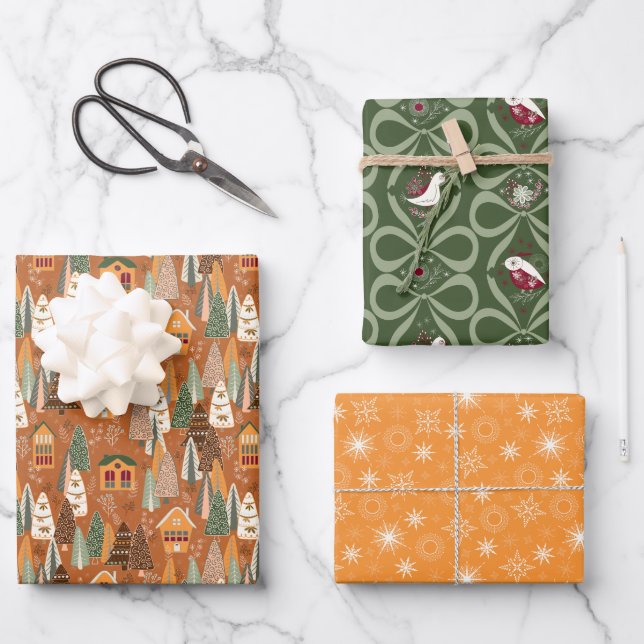 Green Brown Orange Christmas Forest Village Wrapping Paper Sheet (Front)