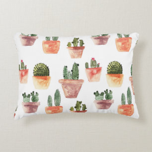 Green Brown Potted Cactus Pattern Accent Pillow