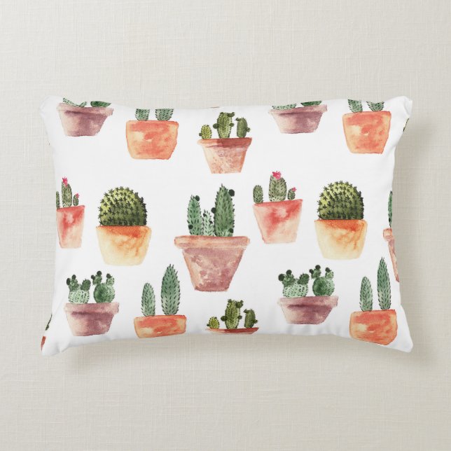 Green Brown Potted Cactus Pattern Accent Pillow (Front)