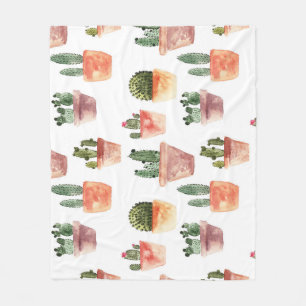 Green Brown Potted Cactus Pattern Fleece Blanket