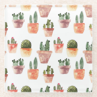 Green Brown Potted Cactus Pattern Glass Coaster