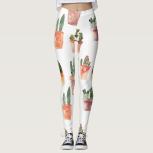 Green Brown Potted Cactus Pattern Leggings