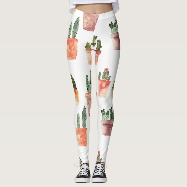 Green Brown Potted Cactus Pattern Leggings (Front)