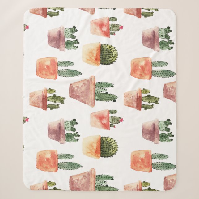 Green Brown Potted Cactus Pattern Sherpa Blanket (Front)