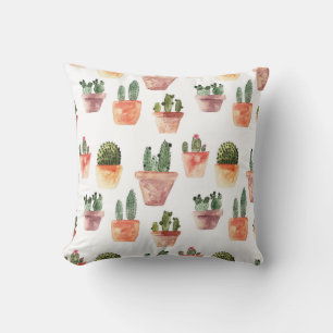 Green Brown Potted Cactus Pattern Throw Pillow
