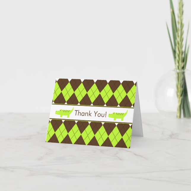 Green & Brown Preppy Alligator Thank You Note (Front)