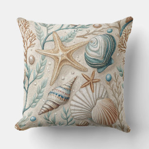 GREEN & BROWN SEASHELLS STARFISH & PLANTS THROW PILLOW