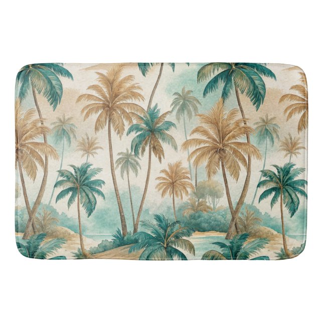 GREEN & BROWN TROPICAL BEACH WITH PALM TREES BATH MAT (Front)