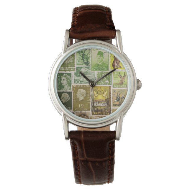 Green Brown Watch, Postage Stamp Collage Art Watch (Front)