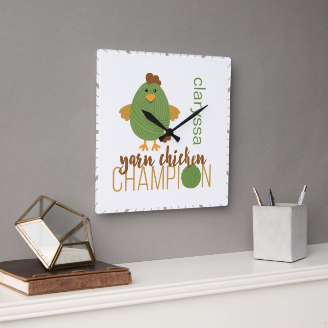Green & Brown Yarn Chicken Champion Square Wall Clock (Office)