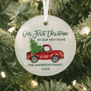 Green Brush Script Christmas New Home Truck Round Glass Ornament