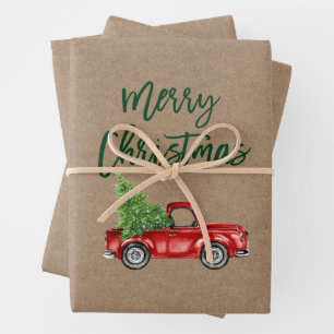 Green Brush Script Christmas Truck Kraft Style Wrapping Paper Sheet