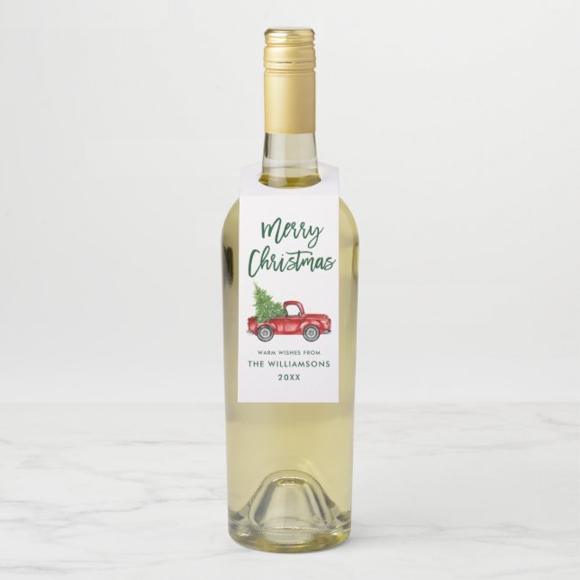 Green Brush Script Christmas Vintage Truck Bottle Tag (On Bottle)
