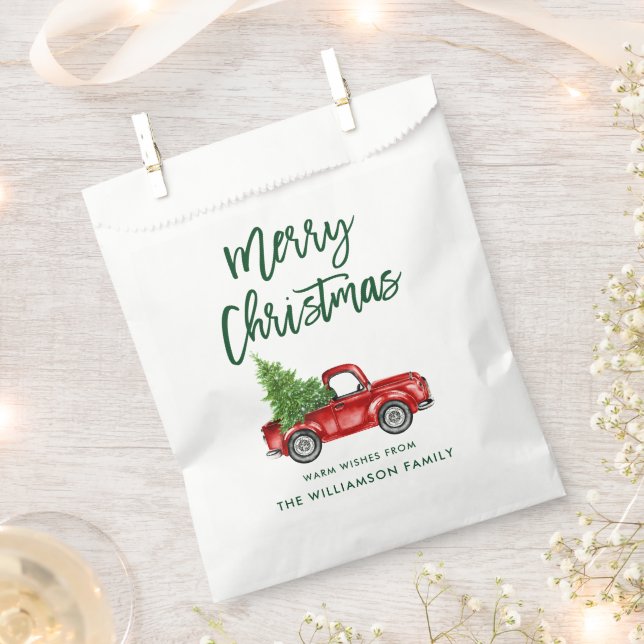 Green Brush Script Christmas Vintage Truck Favour Bag (Clipped)