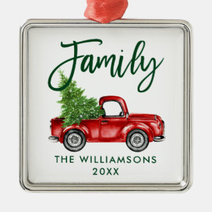 Green Brush Script Family Vintage Red Truck Metal Ornament