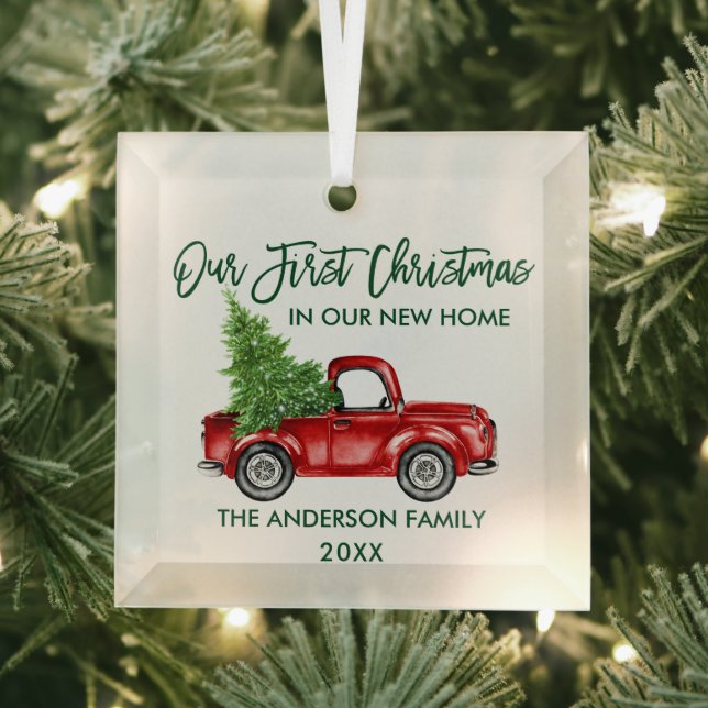 Green Brush Script First Christmas New Home Truck Glass Ornament (Insitu)