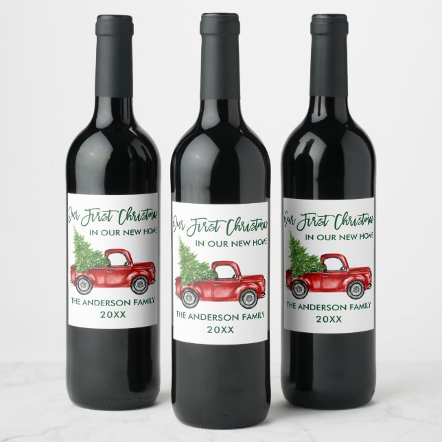 Green Brush Script First Christmas New Home Truck Wine Label (Bottles)