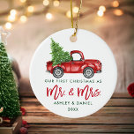 Green Brush Script First Christmas Red Truck Ceramic Ornament<br><div class="desc">Modern Green Brush Script Our First Christmas as Mr. and Mrs. - Watercolor Vintage Red Truck Ornament</div>