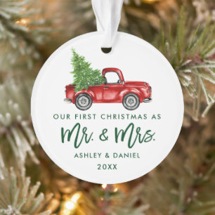 Green Brush Script First Christmas Vintage Truck Ornament