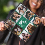 Green | Brush Script Grad 8 Photo Collage Graduation Cap Topper<br><div class="desc">Celebrate your graduation day in style with a photo collage graduation cap topper! The custom graduation cap topper features "grad" in white painted lettering with a green background (or colour of your choice) surrounded by 8 of the graduate's favourite photos. Choose photos of your friends, family, pets, etc. Personalize the...</div>