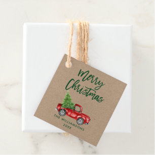 Green Brush Script Kraft Vintage Truck Christmas Favour Tags