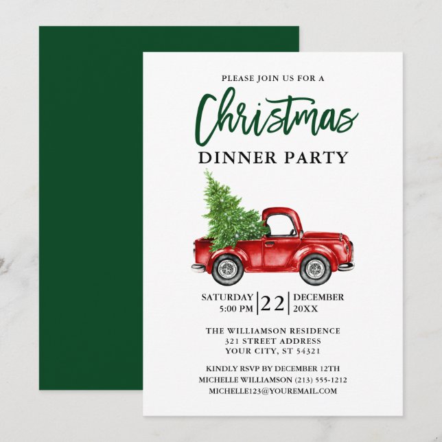Green Brush Script Truck Christmas Party Invitation (Front/Back)