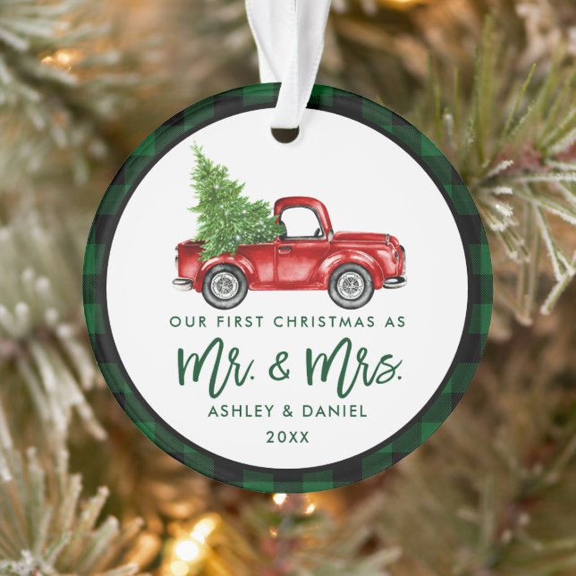 Green Brush Script Truck First Christmas Plaid Ornament (Tree)