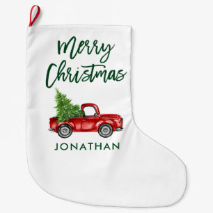 Green Brush Script Vintage Red Truck Tree Large Christmas Stocking