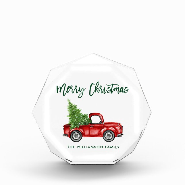 Green Brush Script Vintage Truck Christmas Photo Block (Front)
