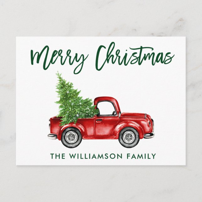 Green Brush Script Vintage Truck Christmas Postcard (Front)