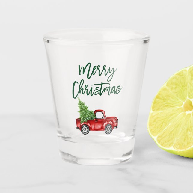 Green Brush Script Vintage Truck Christmas Shot Glass (Front)