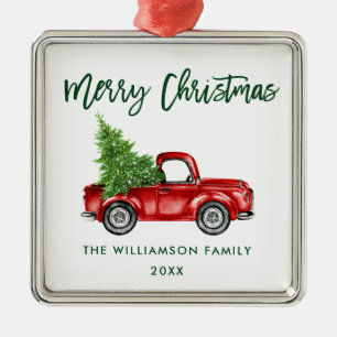 Green Brush Script Watercolor Vintage Truck Square Metal Ornament