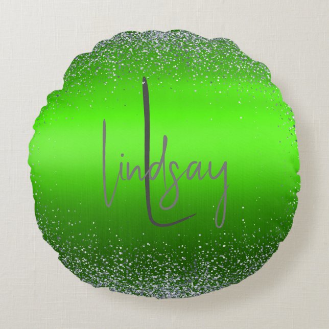 Green Brushed Metal Glitter Monogram Simple | Round Pillow (Front)