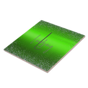 Green Brushed Metal Glitter Monogram Simple Tile