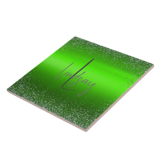 Green Brushed Metal Glitter Monogram Simple | Tile (Side)