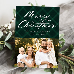 Green Brushed Plaid Merry Christmas 3 Photo Holiday Card