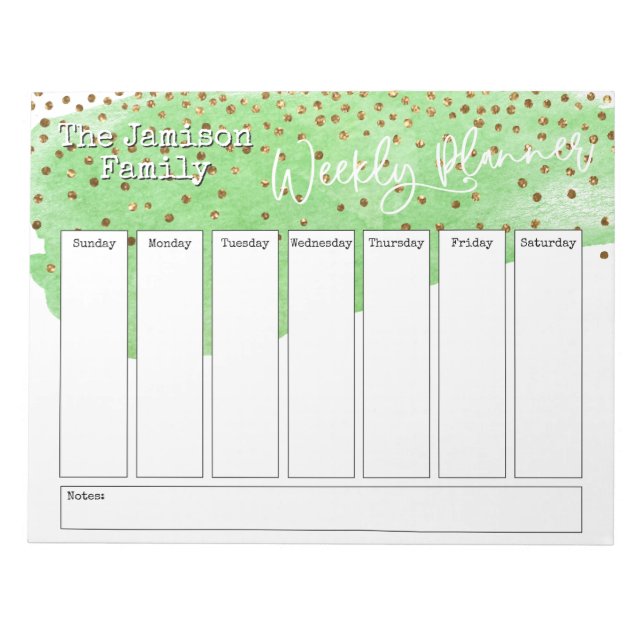 Green Brushstroke Gold Confetti Weekly Planner Notepad (Front)