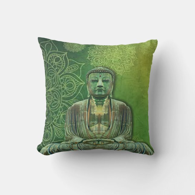 Green Buddha Lotus Flower Outdoor Pillow (Front)