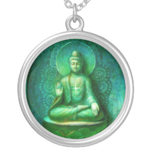 Green Buddha Meditation Art round pendant necklace