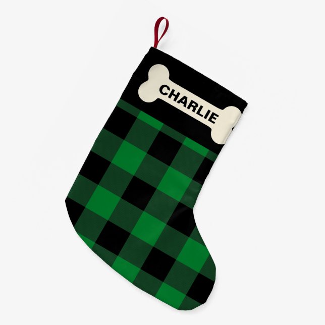 Green Buffalo Check Dog Bone Rustic Custom Name Small Christmas Stocking (Front (Hanging))