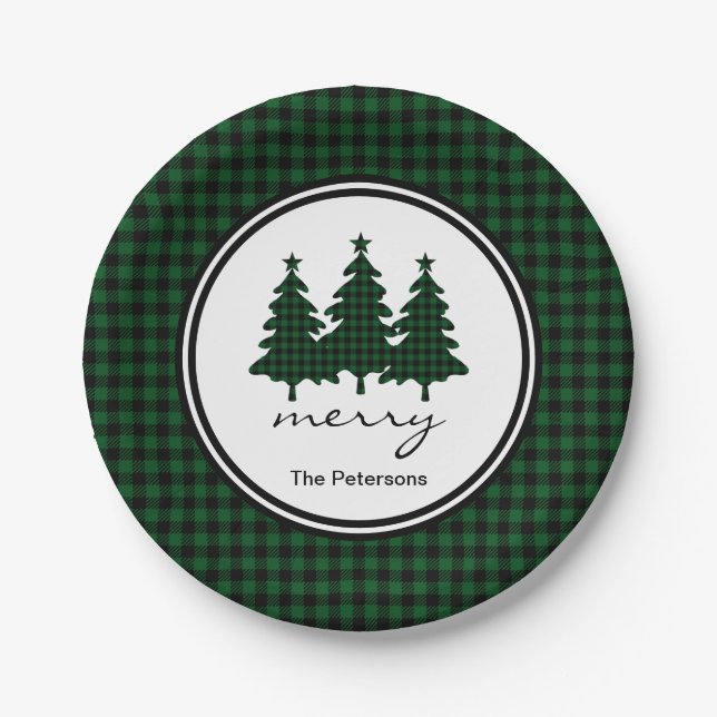 Green Buffalo Check Pine Trees Personalized Paper  Plate (Front)