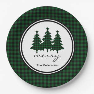 Green Buffalo Check Pine Trees Personalized Paper Plate