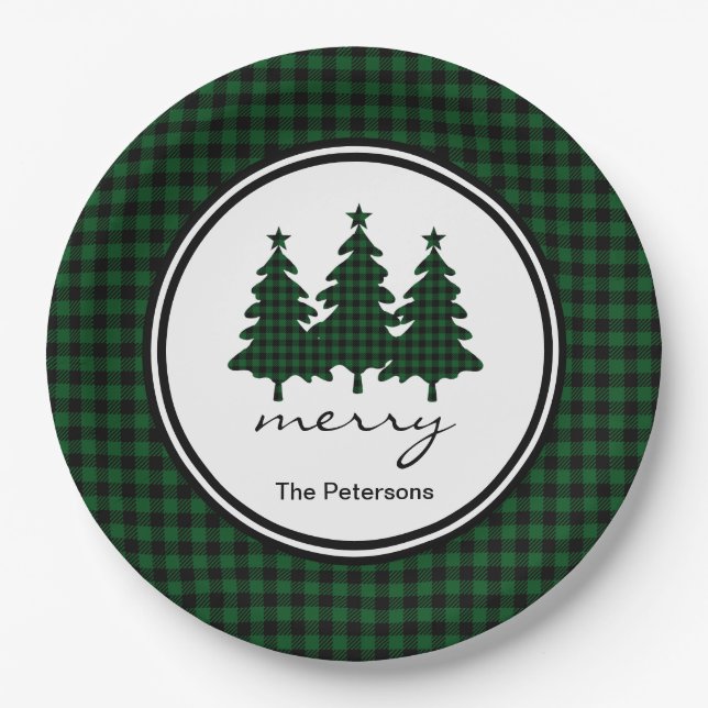 Green Buffalo Check Pine Trees Personalized Paper Plate (Front)