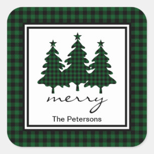 Green Buffalo Check Pine Trees Personalized Square Sticker