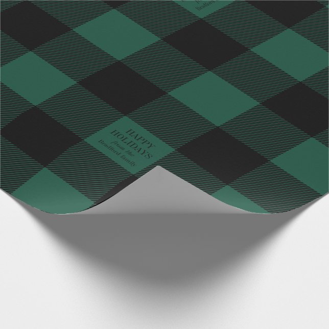 Green Buffalo Check Plaid Personalized Holiday Wrapping Paper (Corner)