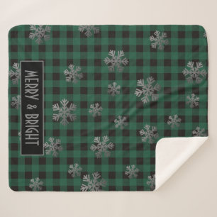 Green Buffalo Plaid and Glitter Snowflakes Sherpa Blanket