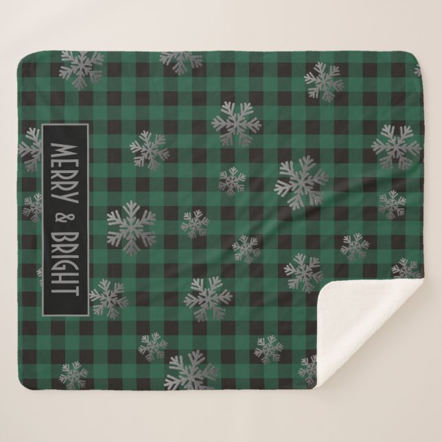 Green Buffalo Plaid and Glitter Snowflakes Sherpa Blanket (Front (Horizontal))