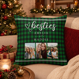 Green Buffalo Plaid Bestie Photo Collage  Throw Pillow