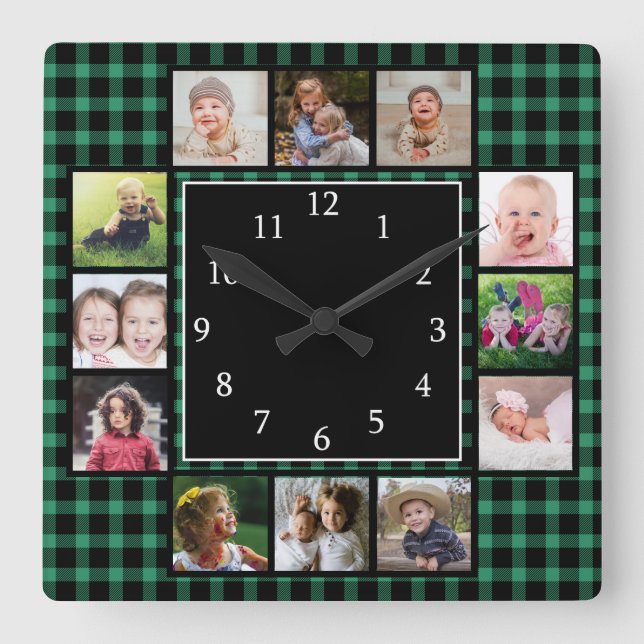 Green Buffalo Plaid Create Your Own  Photo Collage Square Wall Clock (Front)